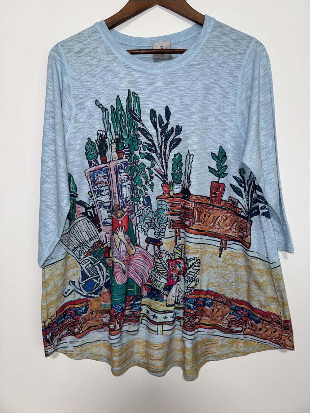 Inoah Art To Wear Top Women’s L 3/4 Sleeve Reading Girl Books Botanical Plants